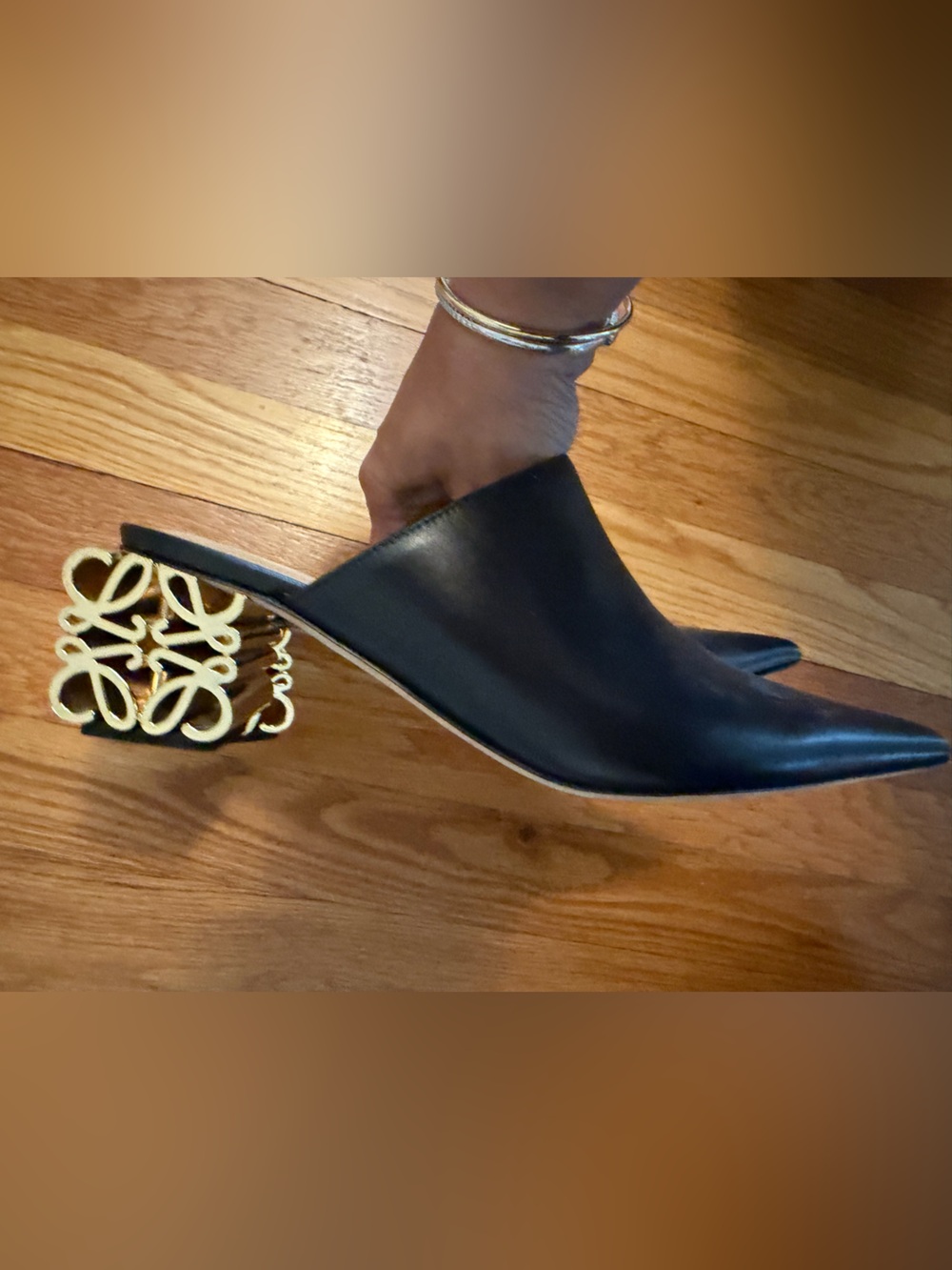 Loewe Black Leather Pointed-Toe Mule with logo heel